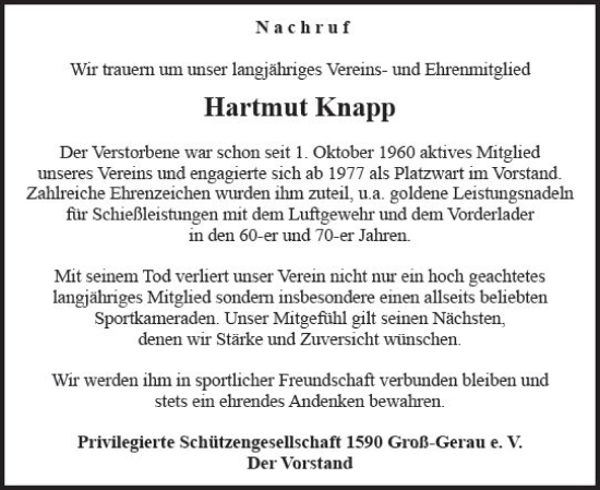 Traueranzeige von Hartmut Knapp von Groß-Gerauer Echo