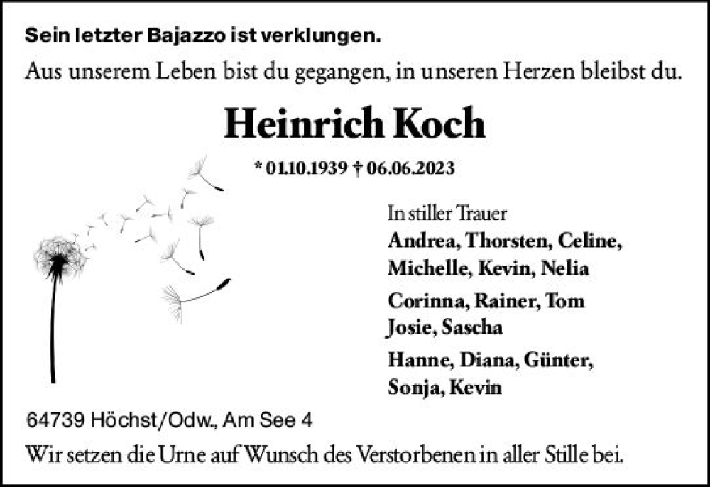  Traueranzeige für Heinrich Koch vom 10.06.2023 aus Odenwälder Echo