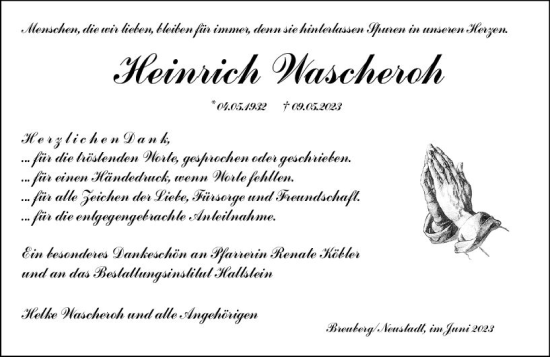 Traueranzeige von Heinrich Wascheroh von Odenwälder Echo
