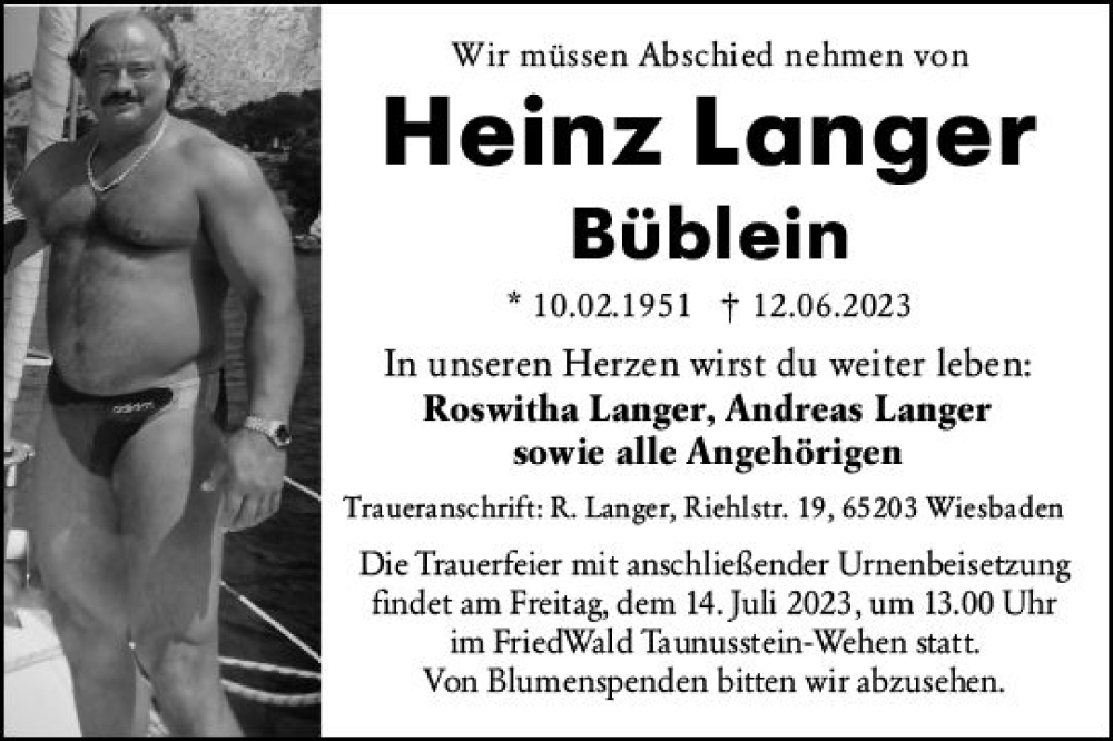  Traueranzeige für Heinz Langer vom 24.06.2023 aus Wiesbadener Kurier