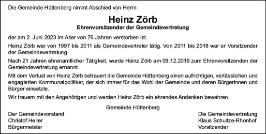 Traueranzeige von Heinz Zörb von Wetzlarer Neue Zeitung