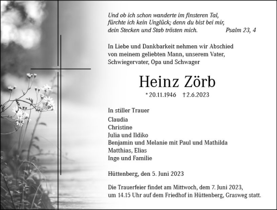 Traueranzeige von Heinz Zörb von Wetzlarer Neue Zeitung
