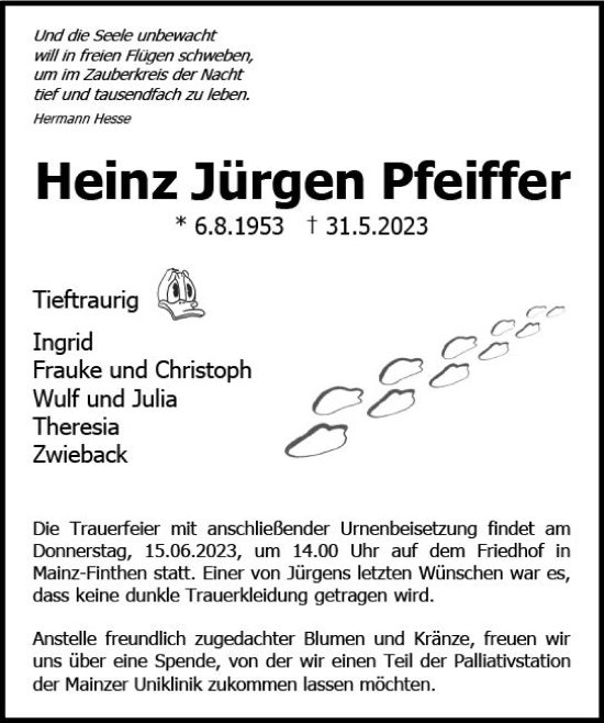 Traueranzeige von Heinz Jürgen Pfeiffer von Allgemeine Zeitung Mainz