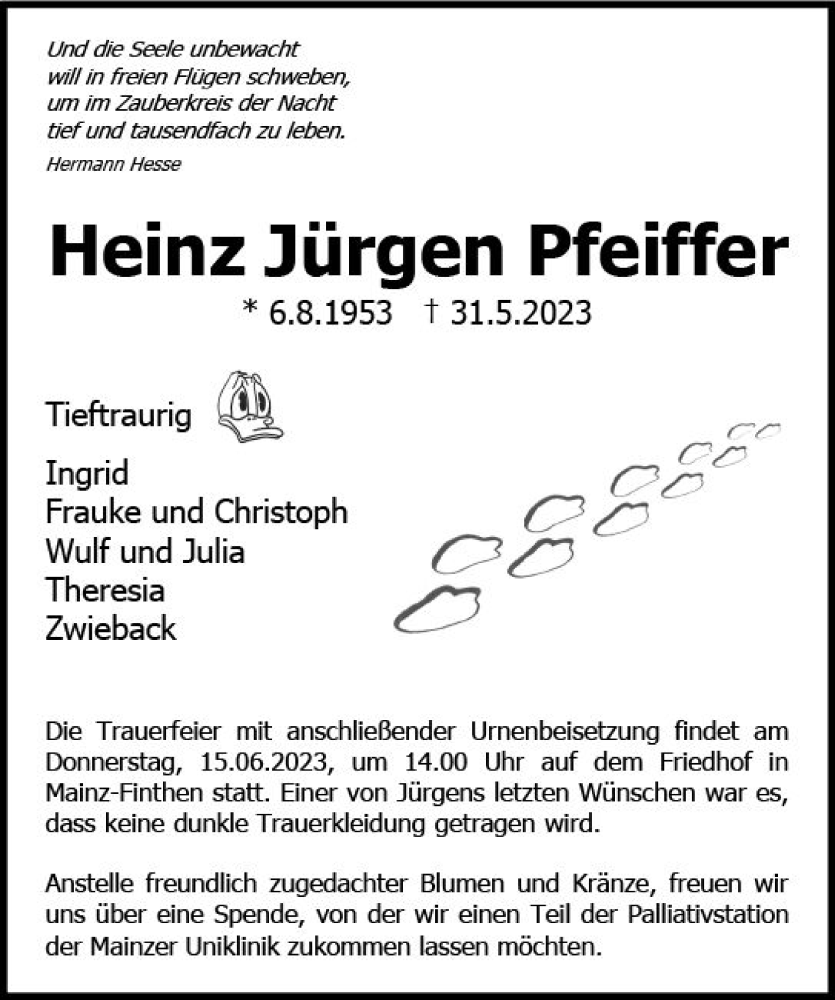 Traueranzeige für Heinz Jürgen Pfeiffer vom 10.06.2023 aus Allgemeine Zeitung Mainz
