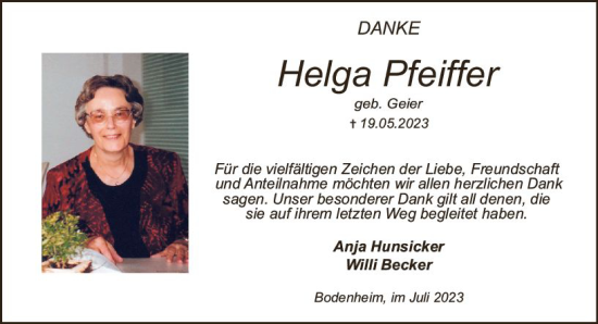 Traueranzeige von Helga Pfeiffer von Allgemeine Zeitung Mainz