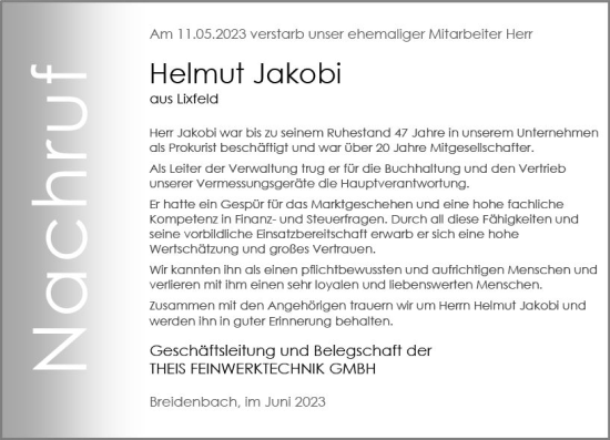 Traueranzeige von Helmut Jakobi von Hinterländer Anzeiger