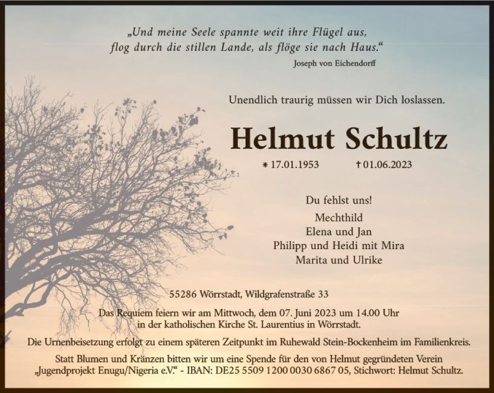  Traueranzeige für Helmut Schultz vom 03.06.2023 aus Allgemeine Zeitung Alzey