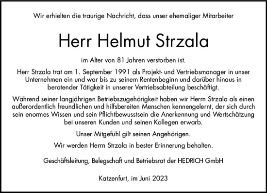 Traueranzeige von Helmut Strzala von Wetzlarer Neue Zeitung