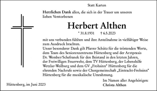 Traueranzeige von Herbert Altken von Wetzlarer Neue Zeitung