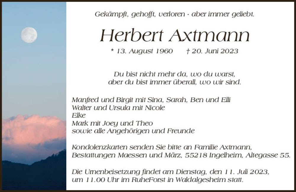  Traueranzeige für Herbert Axtmann vom 01.07.2023 aus Allgemeine Zeitung Bingen/Ingelheim