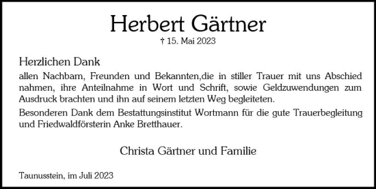 Traueranzeige von Herbert Gärtner von Wiesbadener Kurier