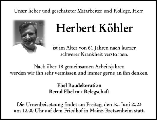 Traueranzeige von Herbert Köhler von Allgemeine Zeitung Mainz