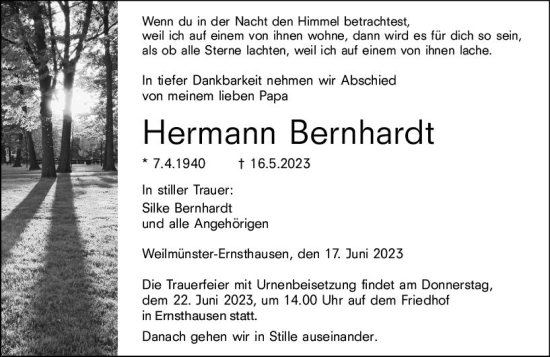 Traueranzeige von Hermann Bernhardt von Weilburger Tageblatt