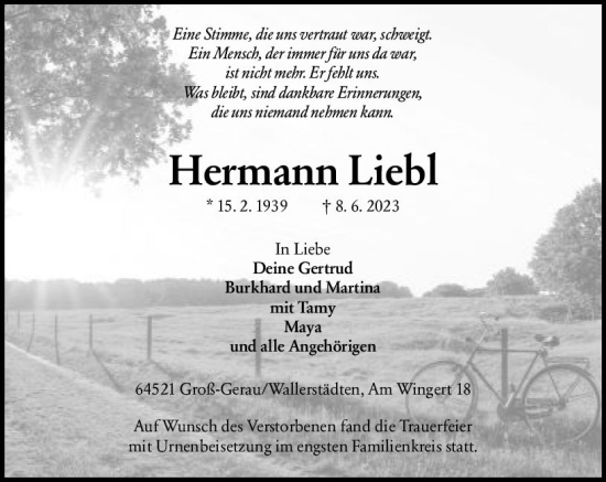 Traueranzeige von Hermann Liebl von Groß-Gerauer Echo