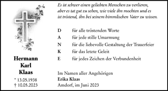 Traueranzeige von Hermann Karl Klaas von Dill Block