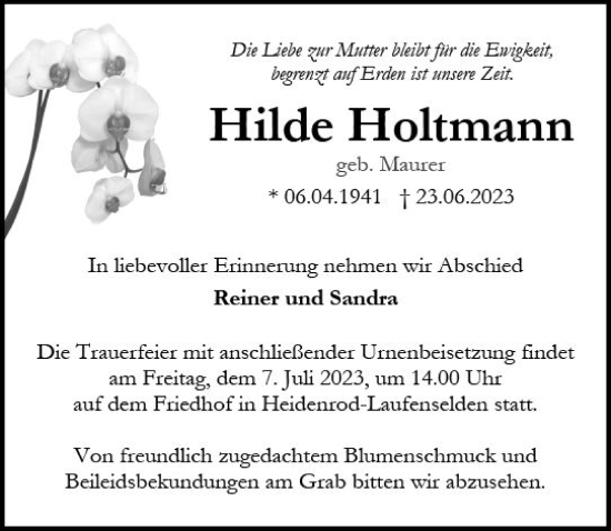 Traueranzeige von Hilde Holtmann von Idsteiner Land/Untertaunus