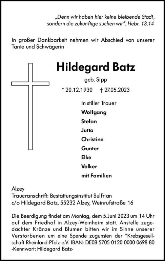 Traueranzeige von Hildegard Batz von Allgemeine Zeitung Alzey