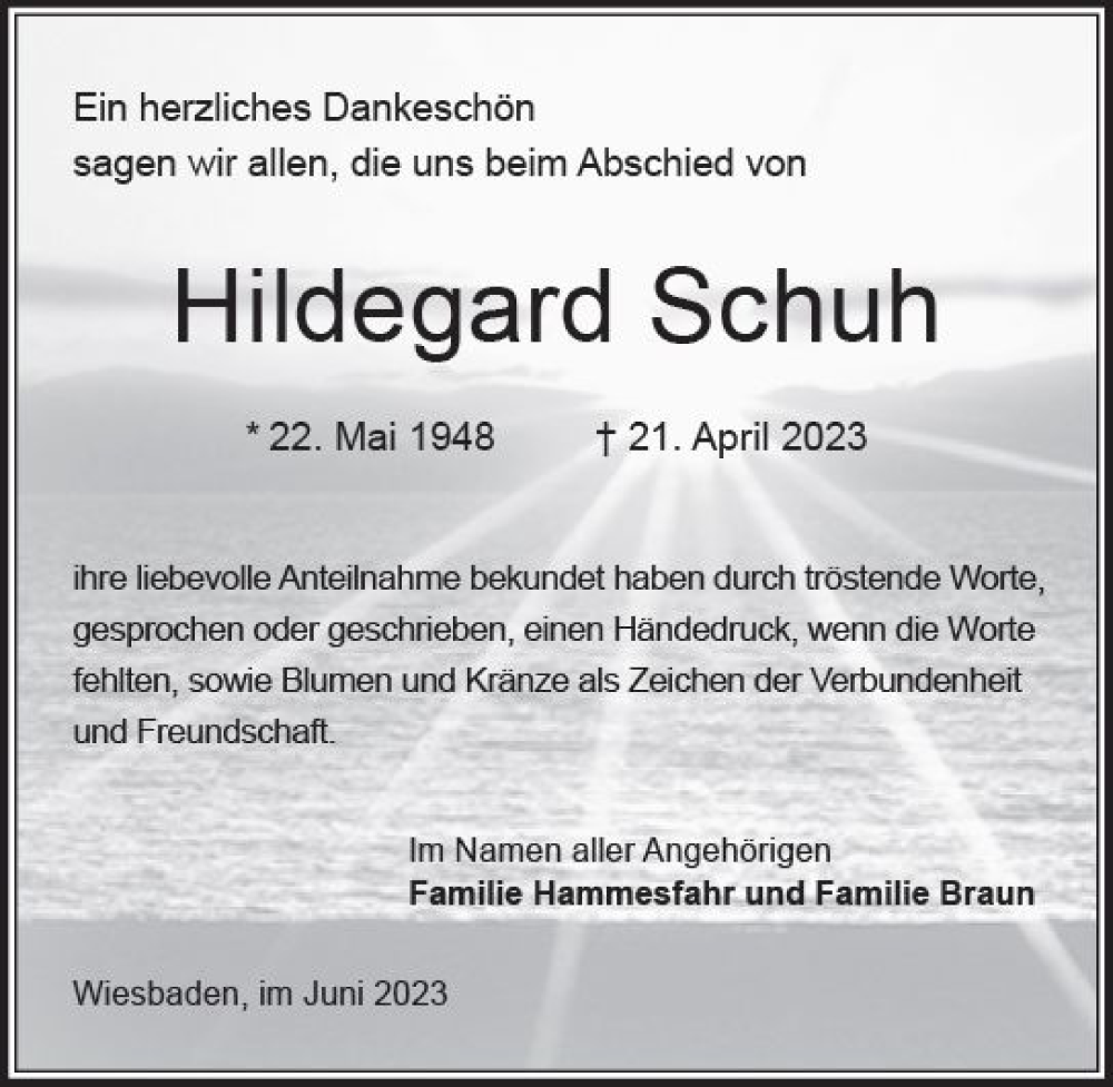 Traueranzeige für Hildegard Schuh vom 10.06.2023 aus Wiesbadener Kurier