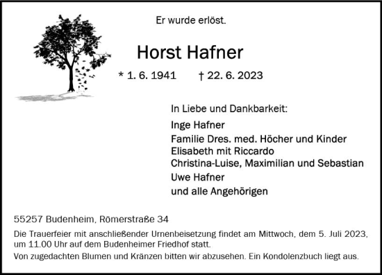 Traueranzeige von Horst Hafner von Allgemeine Zeitung Mainz
