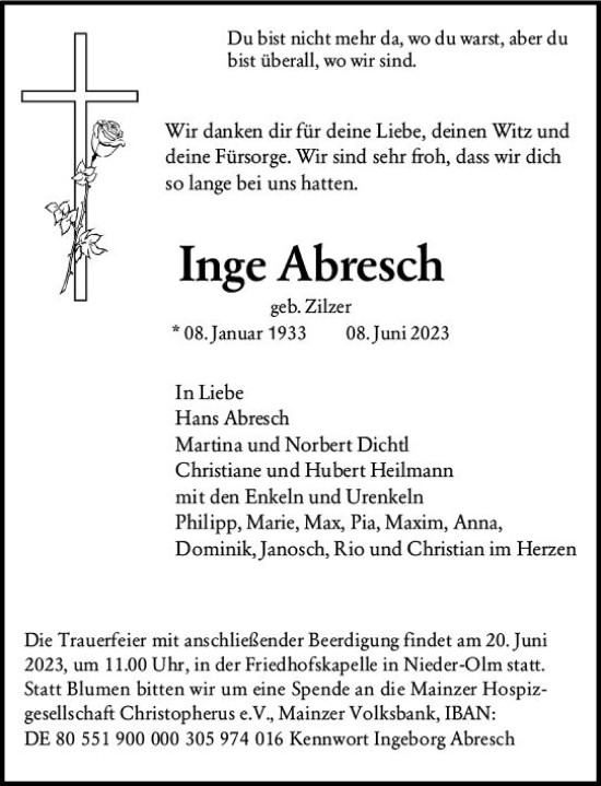 Traueranzeige von Inge Abresch von Allgemeine Zeitung Mainz