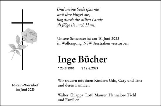 Traueranzeige von Inge Bücher von Wiesbadener Kurier