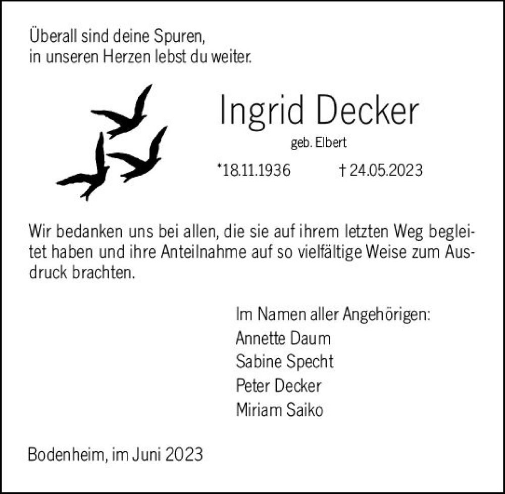  Traueranzeige für Ingrid Decker vom 01.07.2023 aus Allgemeine Zeitung Mainz