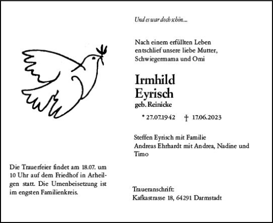 Traueranzeige von Irmhild Eyrisch von Darmstädter Echo