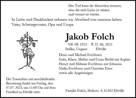 Traueranzeige von Jakob Folch von Wiesbadener Kurier