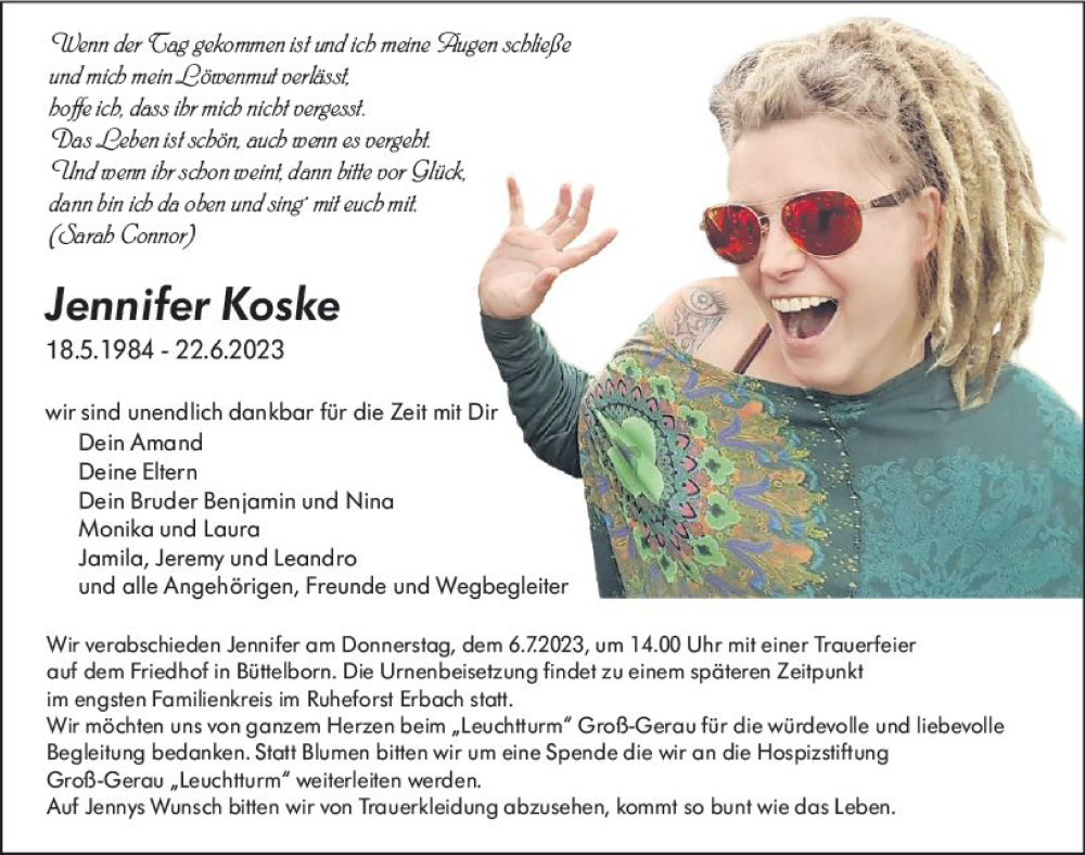  Traueranzeige für Jennifer Koske vom 01.07.2023 aus Groß-Gerauer Echo