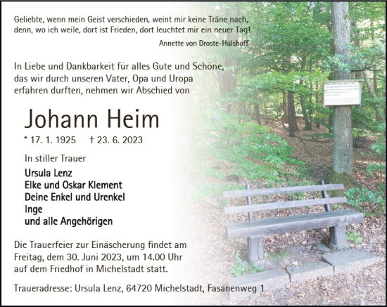 Traueranzeige von Johann Heim von Odenwälder Echo