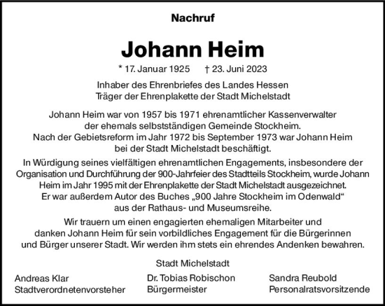 Traueranzeige von Johann Heim von Odenwälder Echo