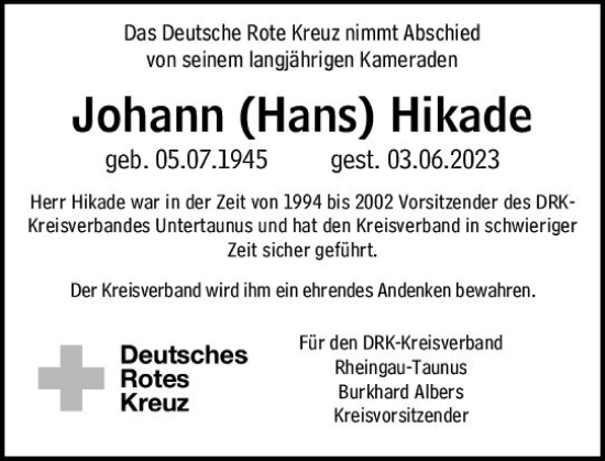Traueranzeige von Johann Hikade von Idsteiner Land/Untertaunus