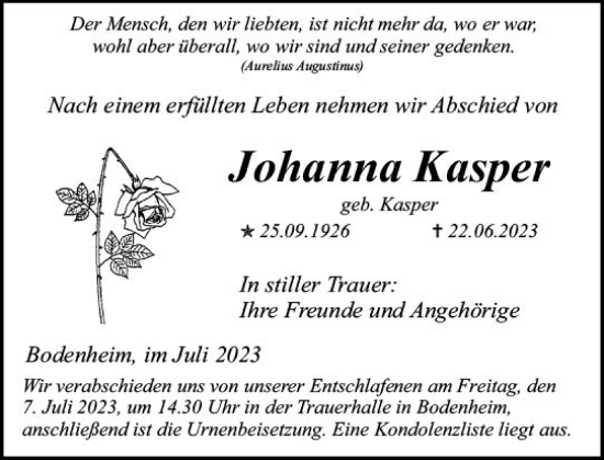 Traueranzeige von Johanna Kasper von Allgemeine Zeitung Mainz