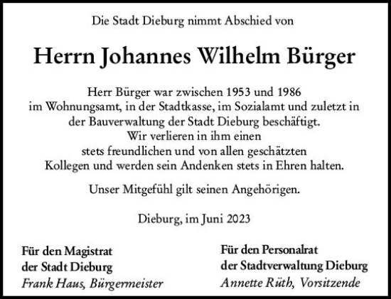 Traueranzeige von Johannes Wilhelm Bürger von Dieburger Anzeiger/Groß-Zimmerner Lokal-Anzeiger