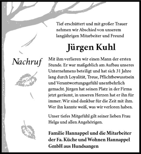 Traueranzeige von Jürgen Kuhl von Nassauische Neue Presse