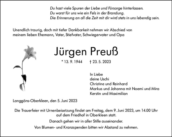 Traueranzeige von Jürgen Preuß von Wetzlarer Neue Zeitung