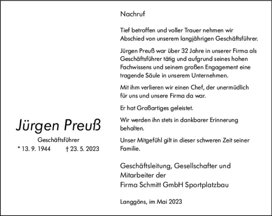 Traueranzeige von Jürgen Preuß von Wetzlarer Neue Zeitung