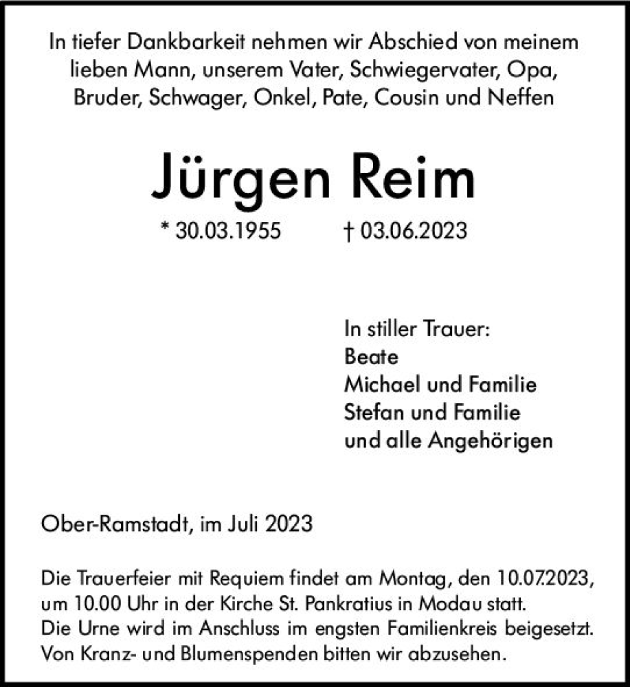  Traueranzeige für Jürgen Reim vom 01.07.2023 aus Darmstädter Echo