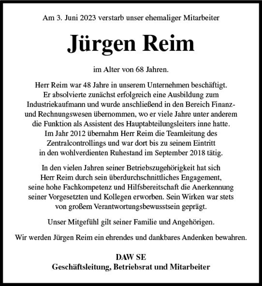  Traueranzeige für Jürgen Reim vom 01.07.2023 aus Darmstädter Echo