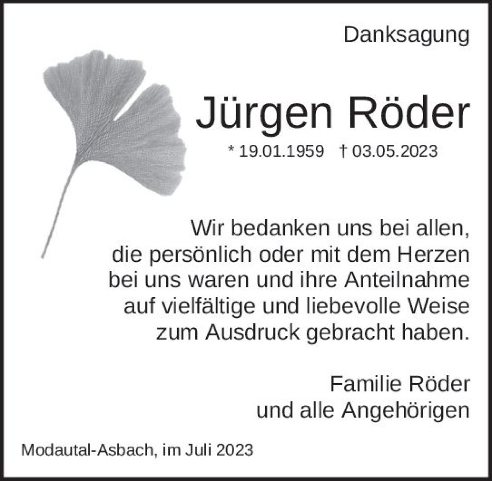  Traueranzeige für Jürgen Röder vom 01.07.2023 aus Darmstädter Echo