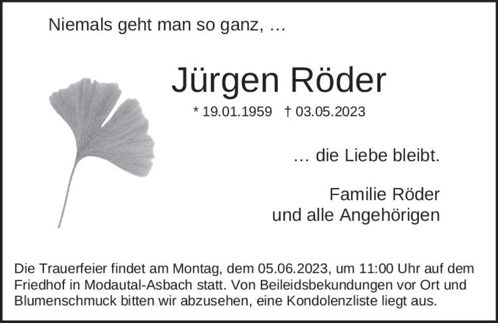  Traueranzeige für Jürgen Röder vom 03.06.2023 aus Darmstädter Echo