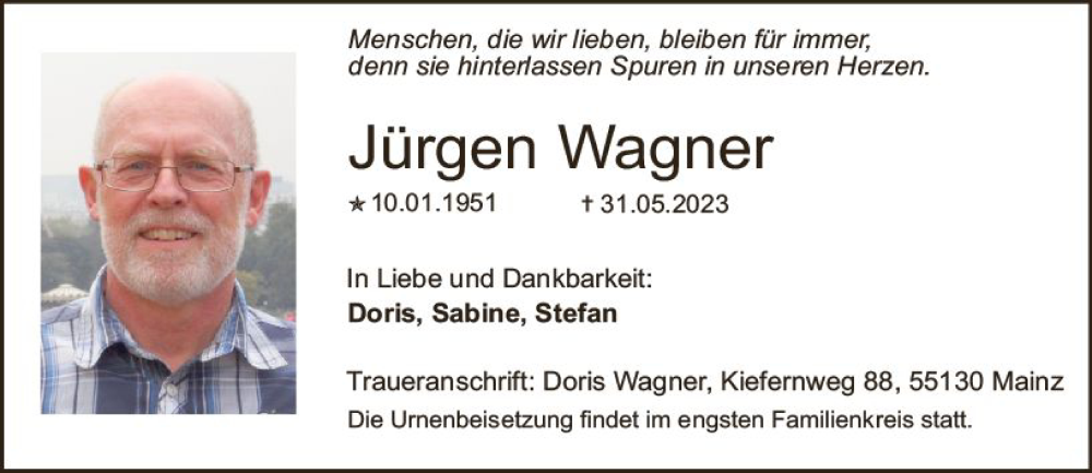  Traueranzeige für Jürgen Wagner vom 10.06.2023 aus Allgemeine Zeitung Mainz