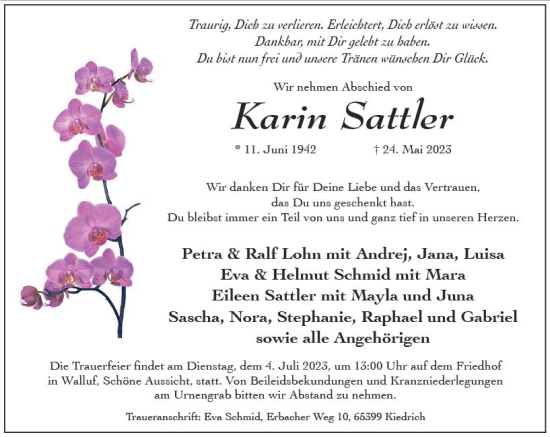 Traueranzeige von Karin Sattler von Wiesbadener Kurier