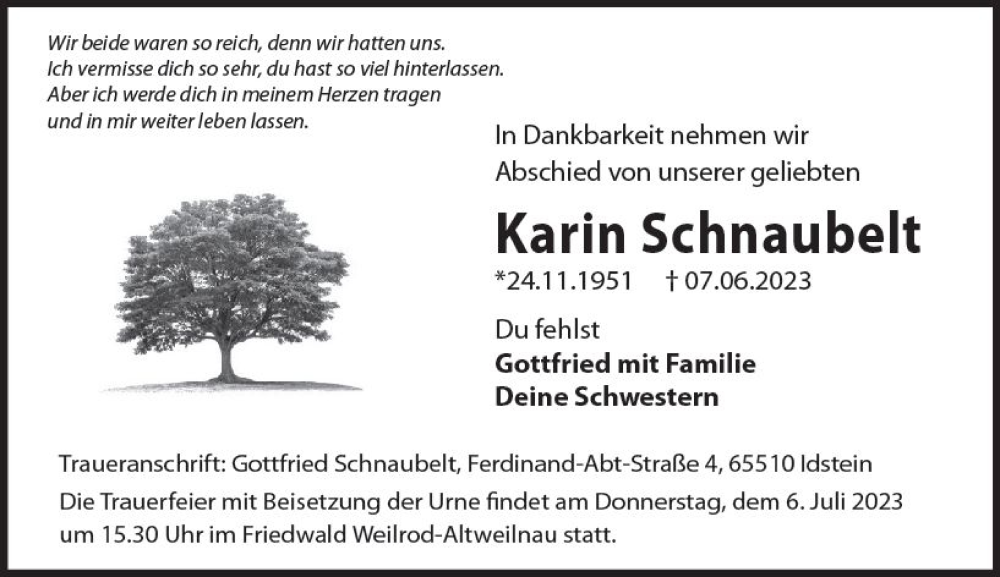  Traueranzeige für Karin Schnaubelt vom 24.06.2023 aus Idsteiner Land/Untertaunus