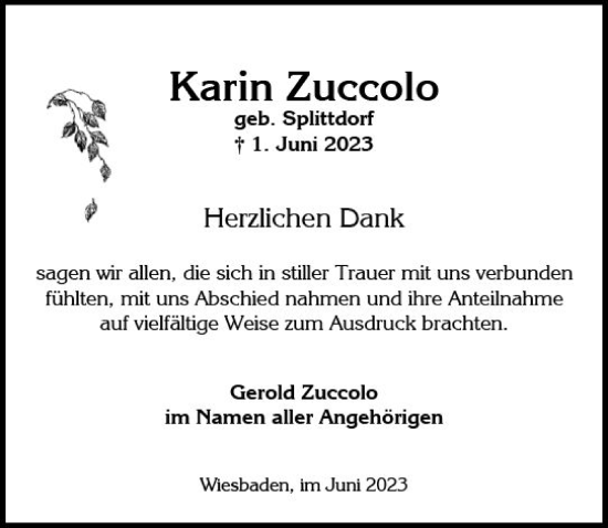 Traueranzeige von Karin Zuccolo von Wiesbadener Kurier
