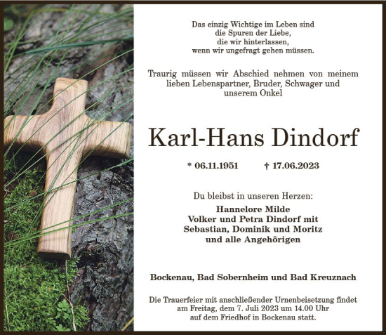 Traueranzeige von Karl-Hans Dindorf von Allgemeine Zeitung Bad Kreuznach