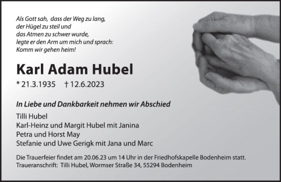 Traueranzeige von Karl Adam Hubel von Allgemeine Zeitung Mainz