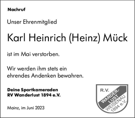 Traueranzeige von Karl Heinrich  Mück von Allgemeine Zeitung Mainz