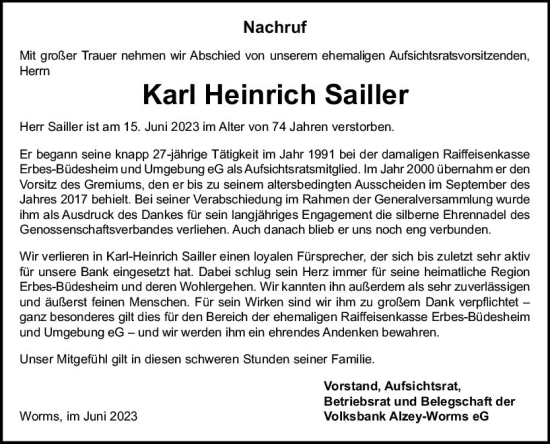 Traueranzeige von Karl Heinrich Sailler von Allgemeine Zeitung Alzey