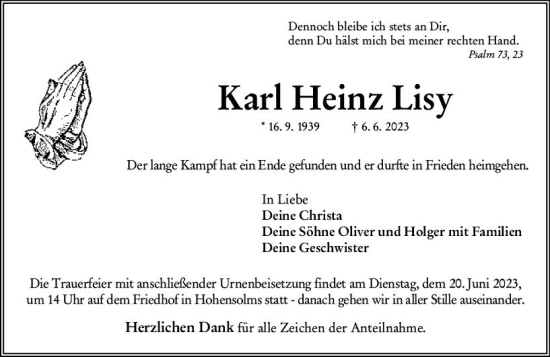 Traueranzeige von Karl Heinz Lisy von Wetzlarer Neue Zeitung
